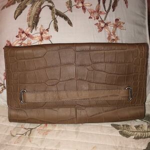 Halogen Tan Leather Croc Print Envelope Clutch